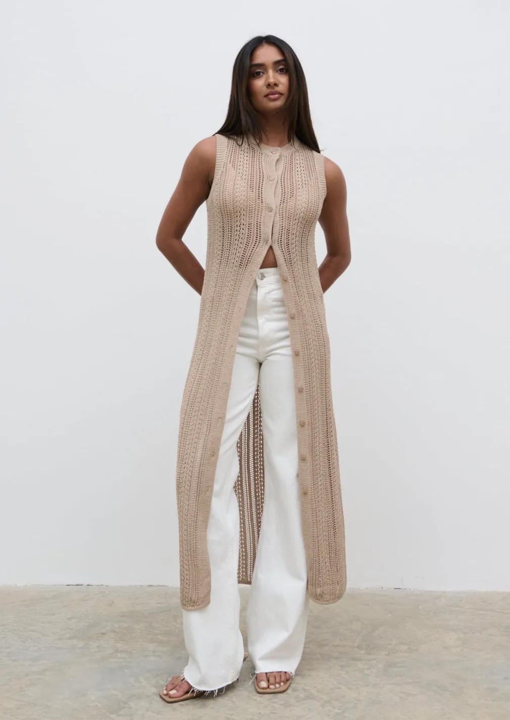 Helen Longline Open Knit Cardigan - beige sold by Pretty Lavish product image thumbnail 3