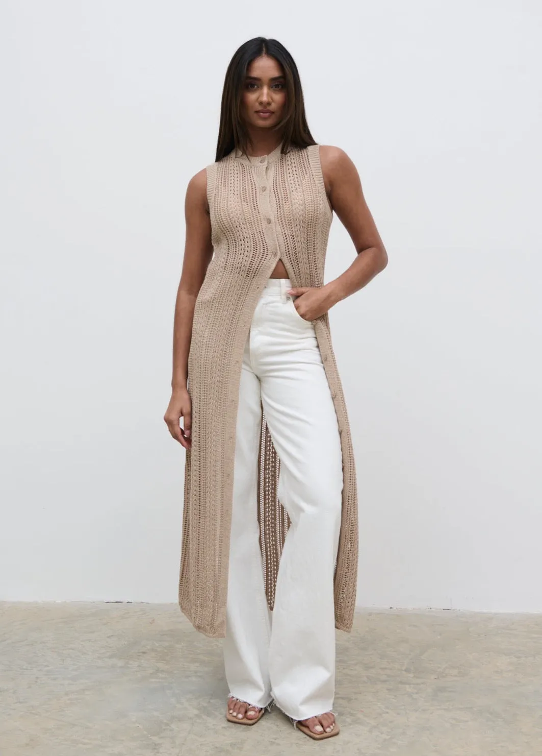 Helen Longline Open Knit Cardigan - beige sold by Pretty Lavish