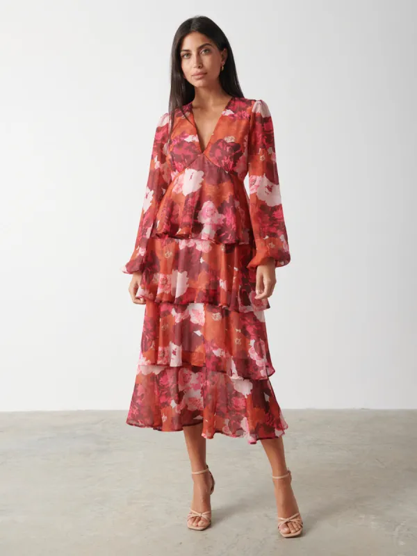 Ashton Ruffle Midi Dress - Orange and Wine Floral sold by Pretty Lavish
