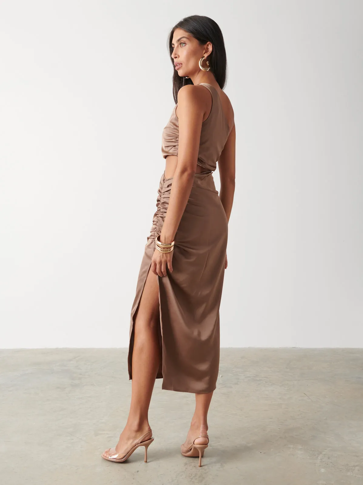 Sachi Cut Out Ruched Midaxi Dress - Mocha sold by Pretty Lavish product image thumbnail 3