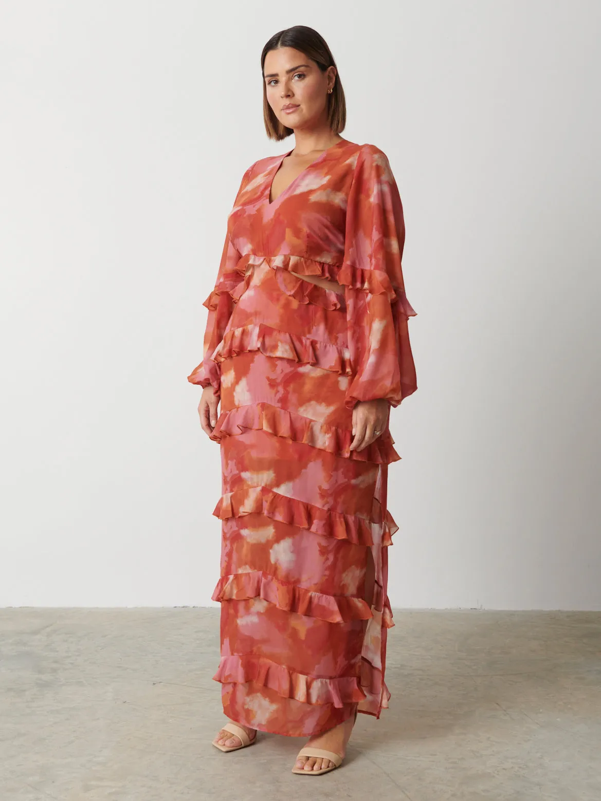 Evie Ruffle Maxi Dress Curve - Abstract Watercolour sold by Pretty Lavish product image thumbnail 4