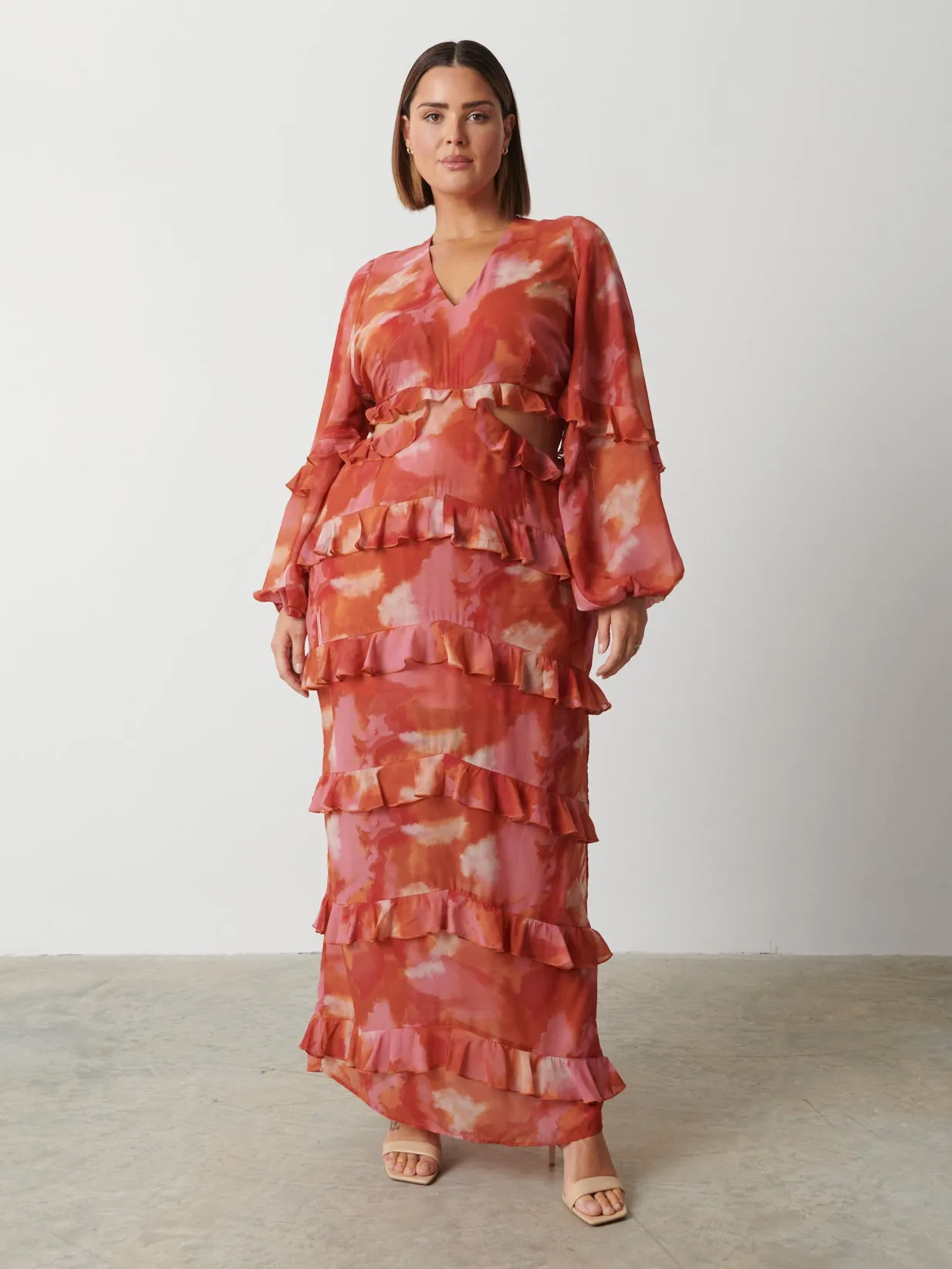 Evie Ruffle Maxi Dress Curve - Abstract Watercolour sold by Pretty Lavish