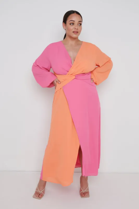 Frieda Knot Contrast Dress Curve - Orange and Pink sold by Pretty Lavish