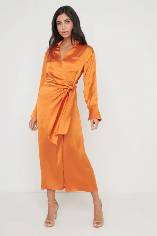 Ronnie Satin Wrap Dress - Orange sold by Pretty Lavish