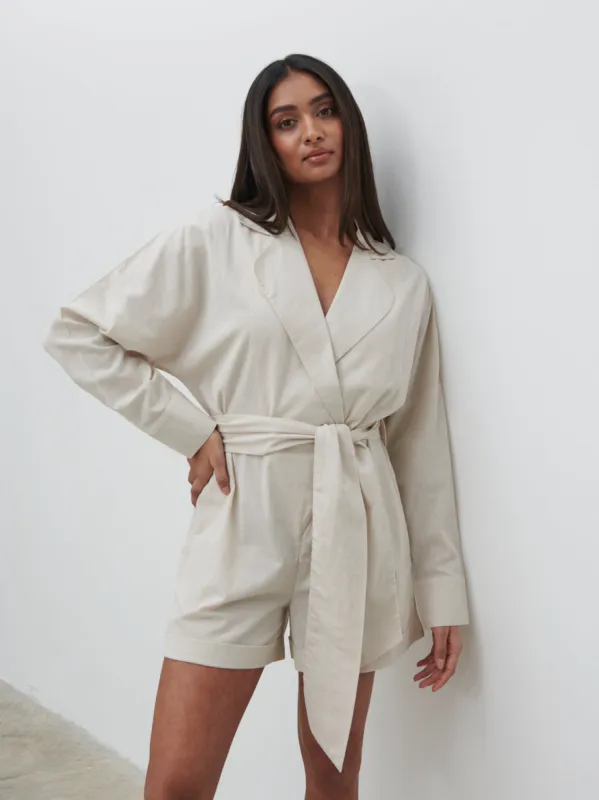 Emilie Belted Playsuit - Oatmeal sold by Pretty Lavish