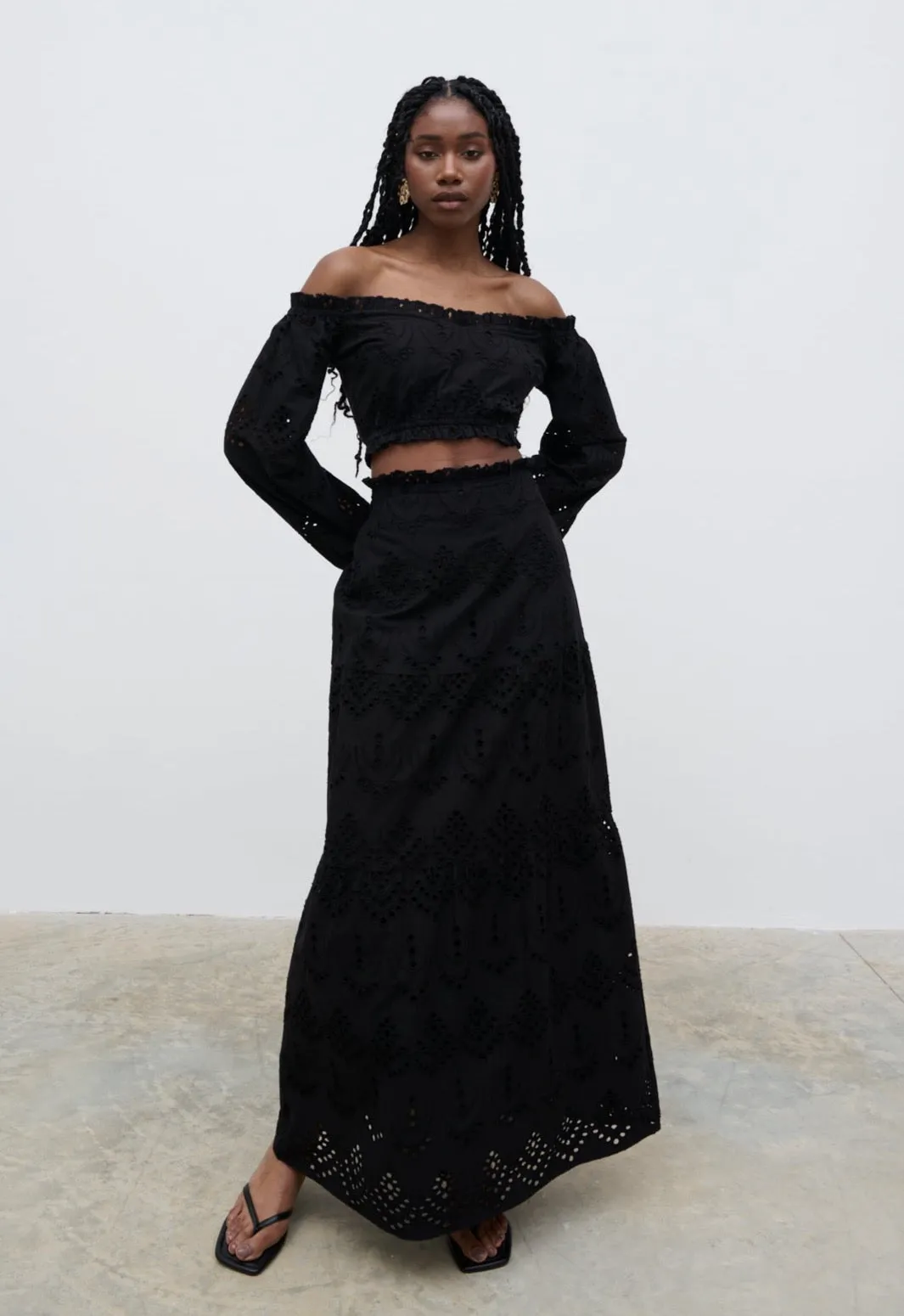 Lilla Broderie Maxi Skirt - Black sold by Pretty Lavish