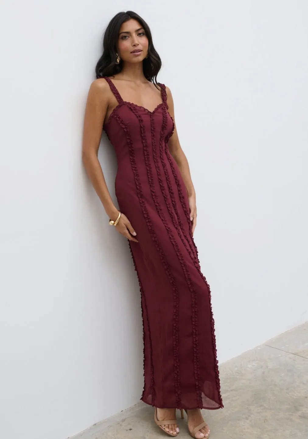 Ola Sweetheart Frill Maxi Dress - Wine sold by Pretty Lavish