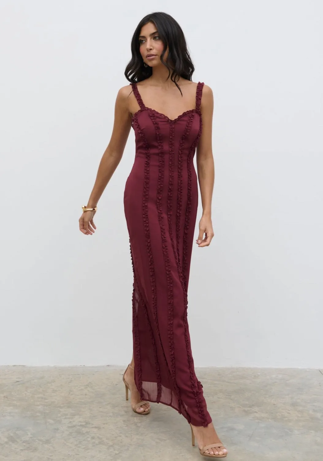 Ola Sweetheart Frill Maxi Dress - Wine sold by Pretty Lavish product image thumbnail 3
