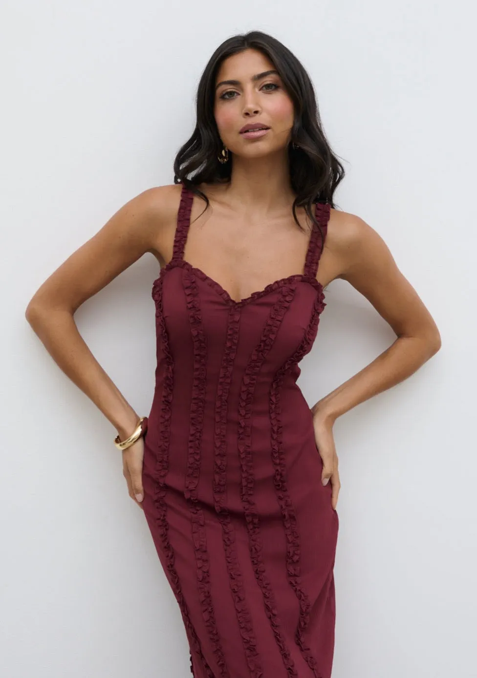 Ola Sweetheart Frill Maxi Dress - Wine sold by Pretty Lavish product image thumbnail 4