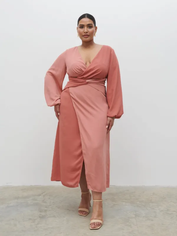 Friena Knot Contrast Midaxi Dress Curve - Terracotta and Dusky Rose sold by Pretty Lavish