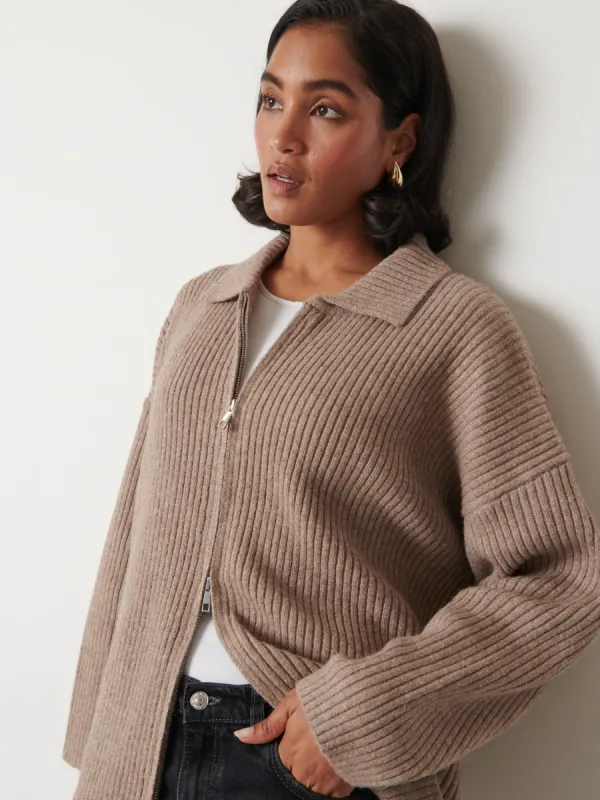 Carla Zipped Knit Jumper - Light Brown Marl sold by Pretty Lavish