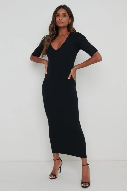 Lara Ribbed Midi Dress - Black made by Pretty Lavish