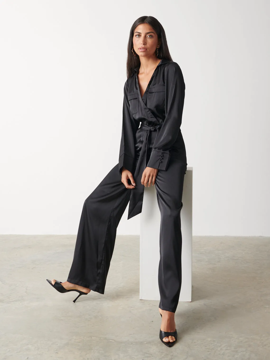 Carmen Satin Jumpsuit - Black sold by Pretty Lavish