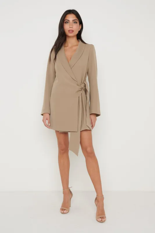 Arielle Wrap Tie Blazer Dress Dress - Taupe sold by Pretty Lavish