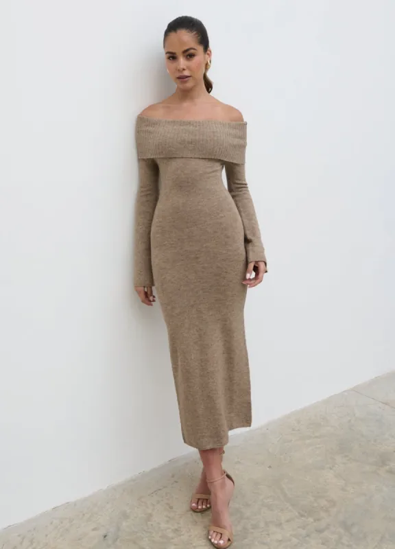 Soreya Bardot Soft Knit Dress - Brown Marl sold by Pretty Lavish
