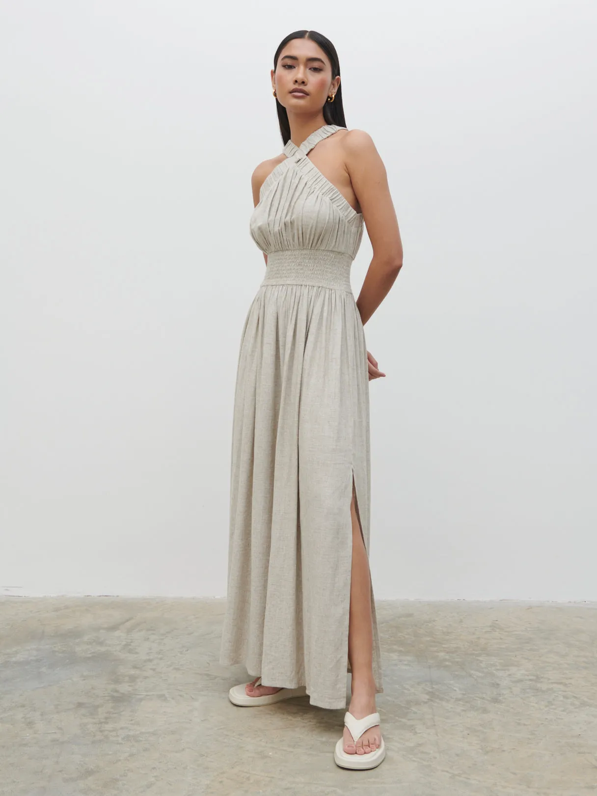 Hollie Shirred Maxi Dress - Natural sold by Pretty Lavish