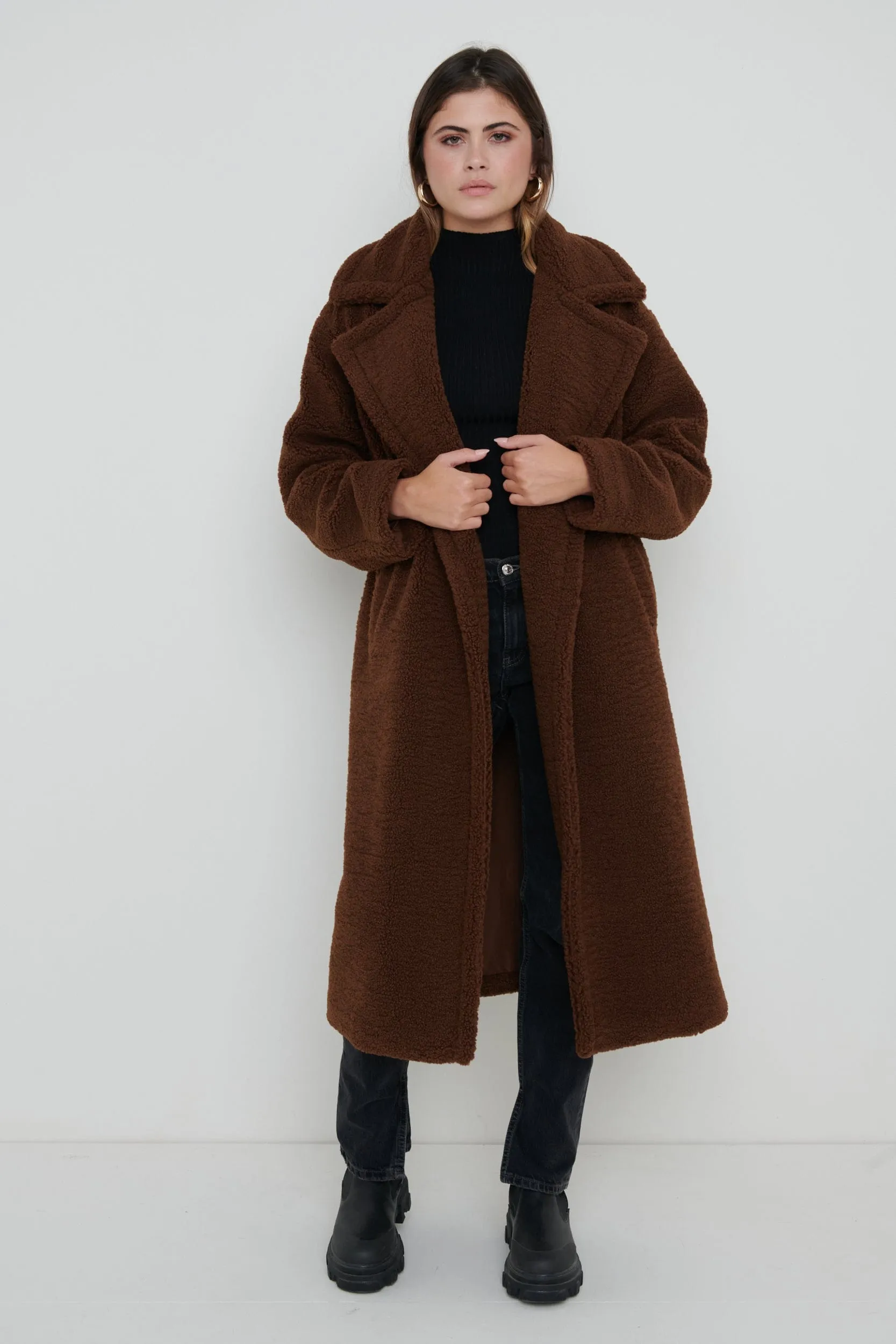 Pretty Lavish Teddy Coat Light Brown Teddy Oversized Coat Brown - Main Image