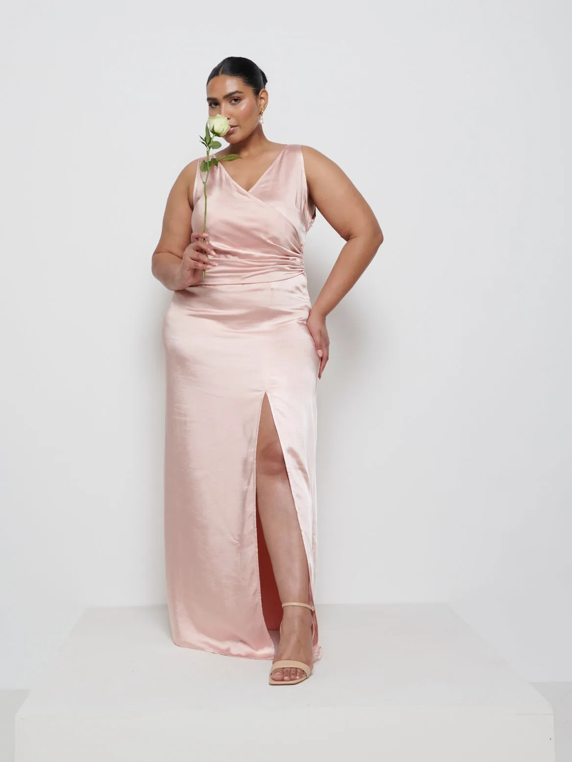 Esmee Wrap Maxi Bridesmaid Dress Curve - Blush sold by Pretty Lavish