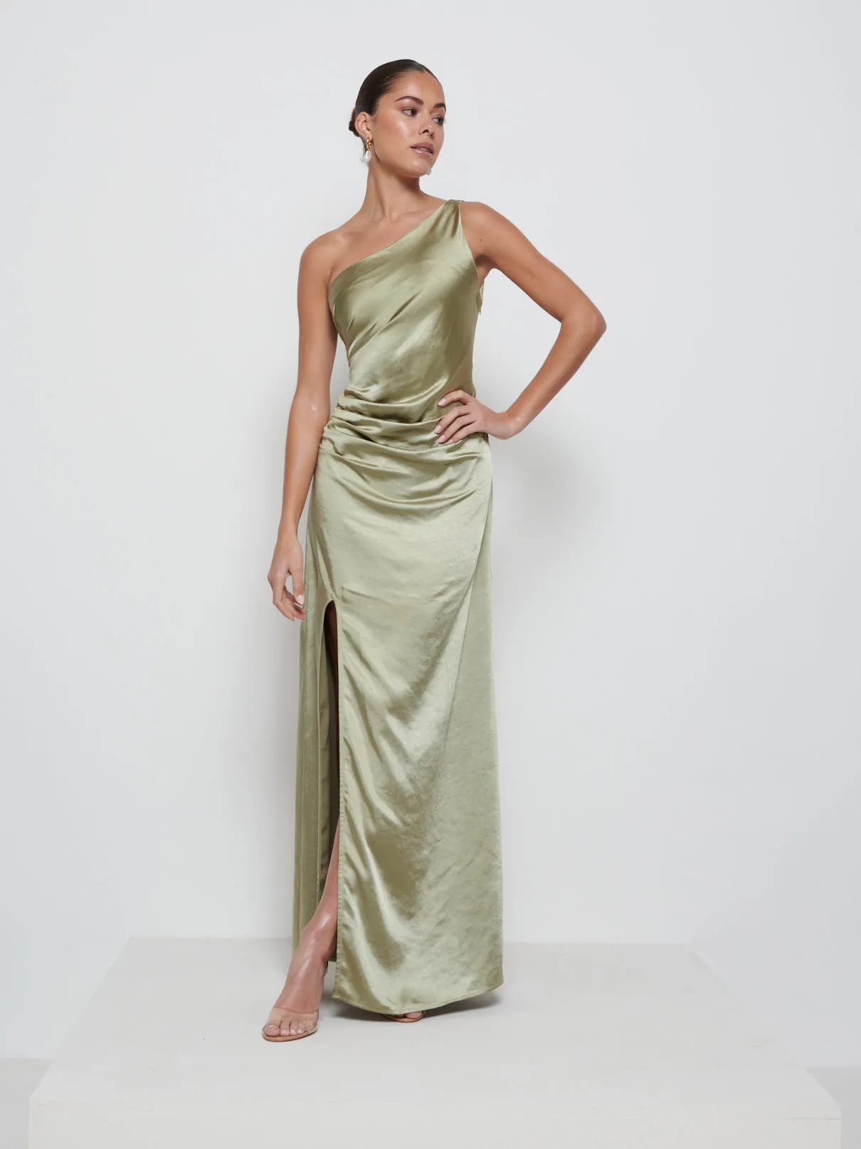 Amelia Ruched Maxi Bridesmaid Dress - Matte Olive sold by Pretty Lavish product image thumbnail 4