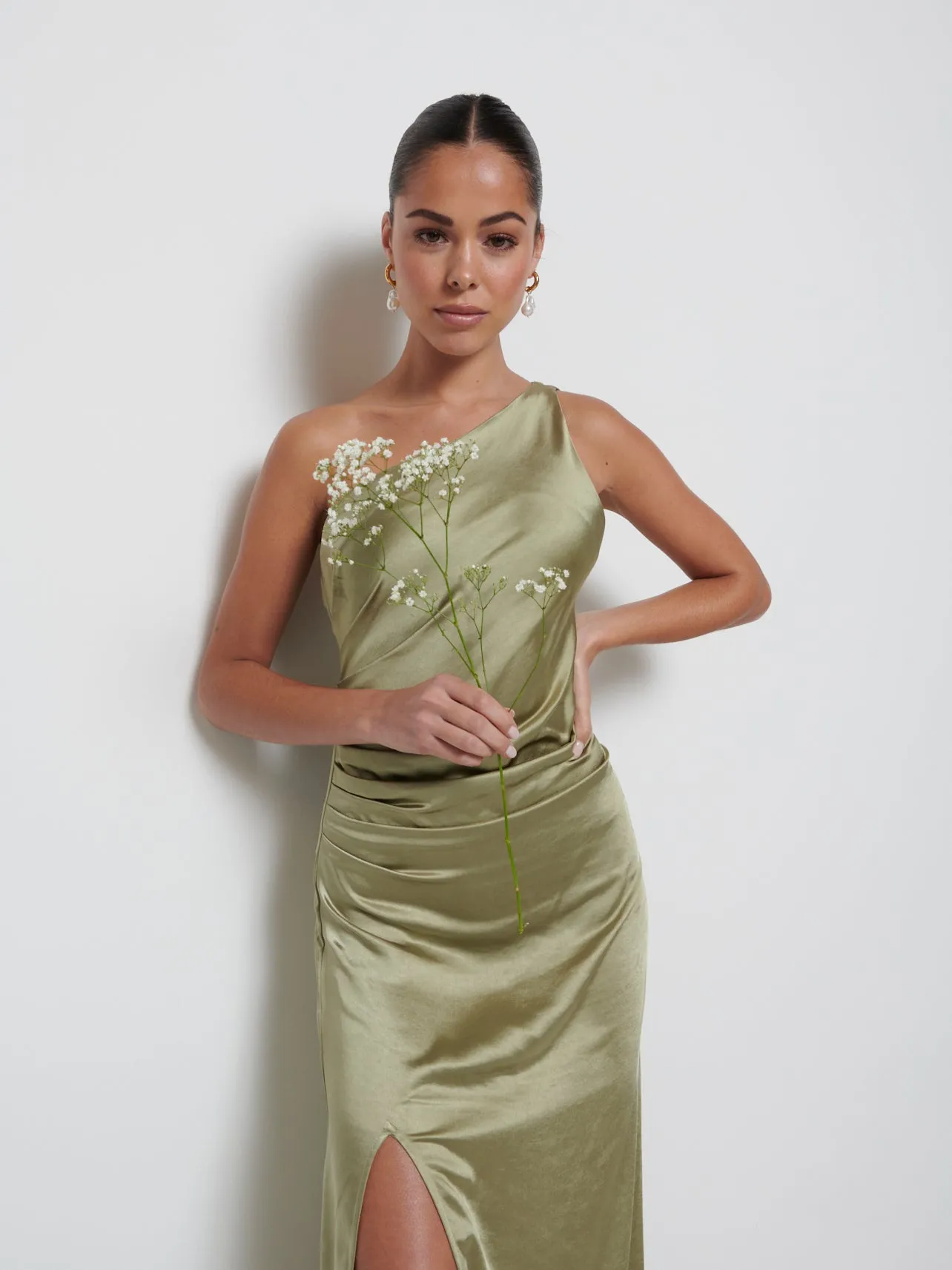 Amelia Ruched Maxi Bridesmaid Dress - Matte Olive sold by Pretty Lavish product image thumbnail 2
