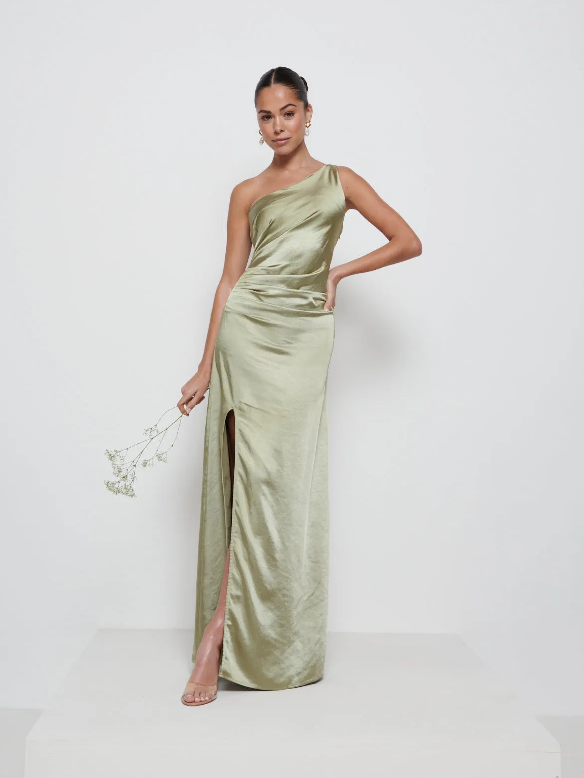 Amelia Ruched Maxi Bridesmaid Dress - Matte Olive sold by Pretty Lavish