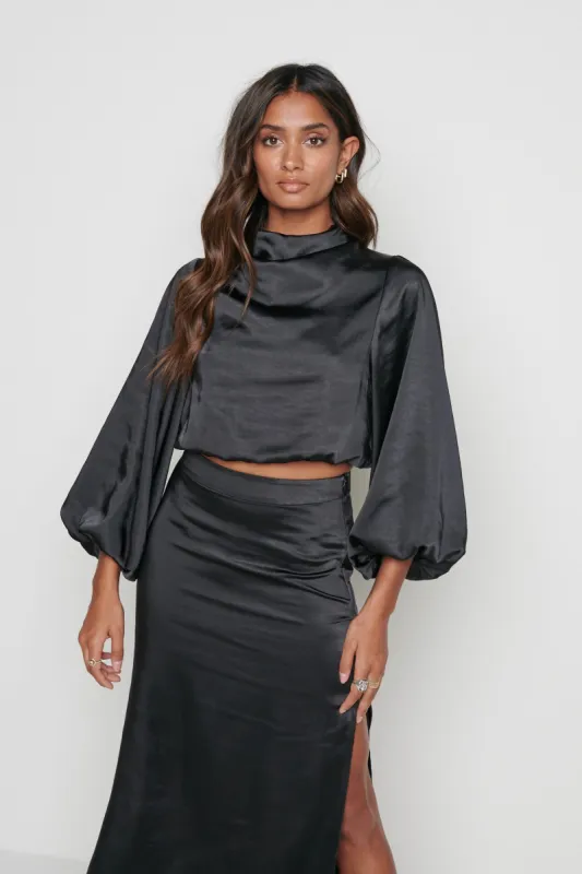 Yasmin Balloon Sleeve Crop Blouse - Black sold by Pretty Lavish