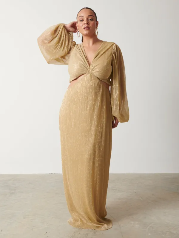 Zaya Plisse Metallic Maxi Dress Curve - Metallic Gold sold by Pretty Lavish