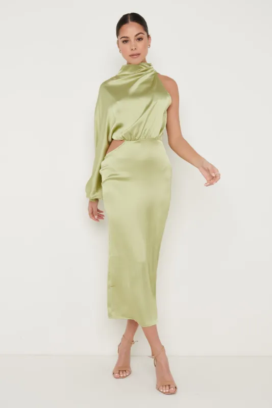 Verity One Shoulder Satin Dress - Pale Olive sold by Pretty Lavish