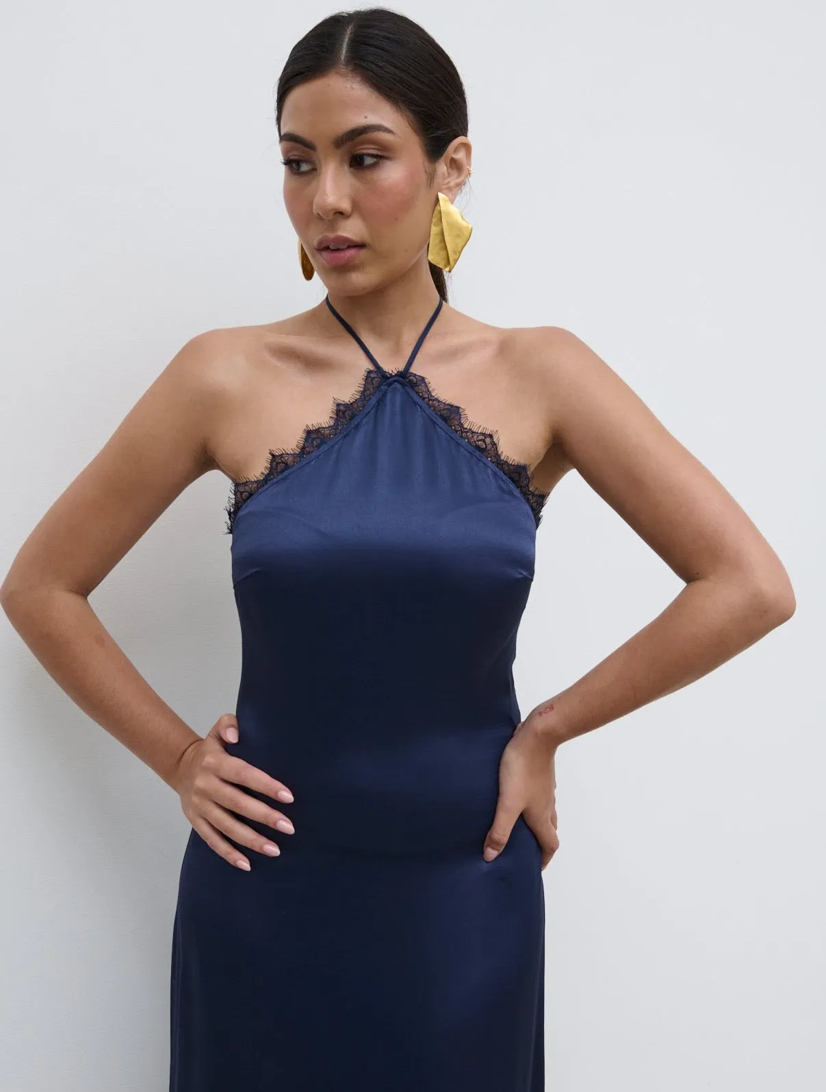 Everly Lace Trim Halter Maxi Dress - Navy sold by Pretty Lavish product image thumbnail 2