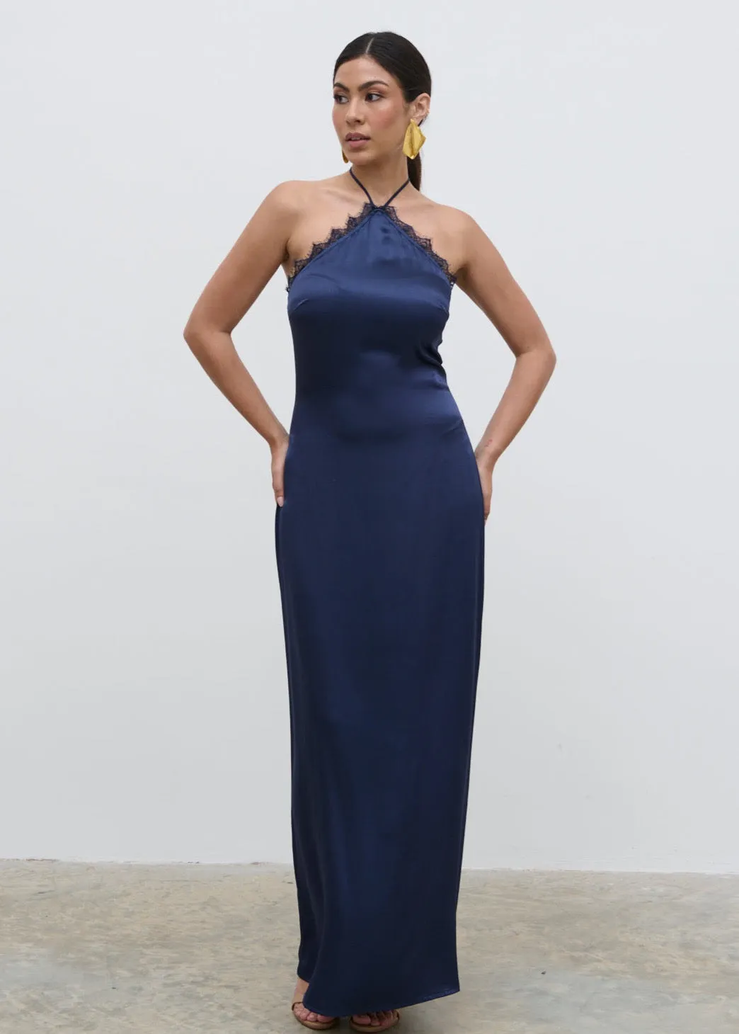Everly Lace Trim Halter Maxi Dress - Navy sold by Pretty Lavish product image thumbnail 4