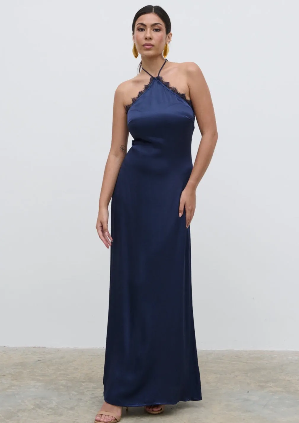 Everly Lace Trim Halter Maxi Dress - Navy sold by Pretty Lavish