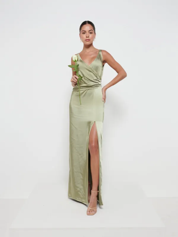 Esmee Wrap Maxi Bridesmaid Dress - Matte Olive sold by Pretty Lavish