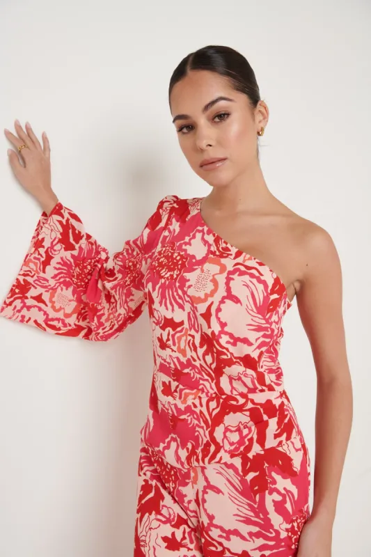 Maddie One Shoulder Printed Jumpsuit - Pink and Red Floral sold by Pretty Lavish
