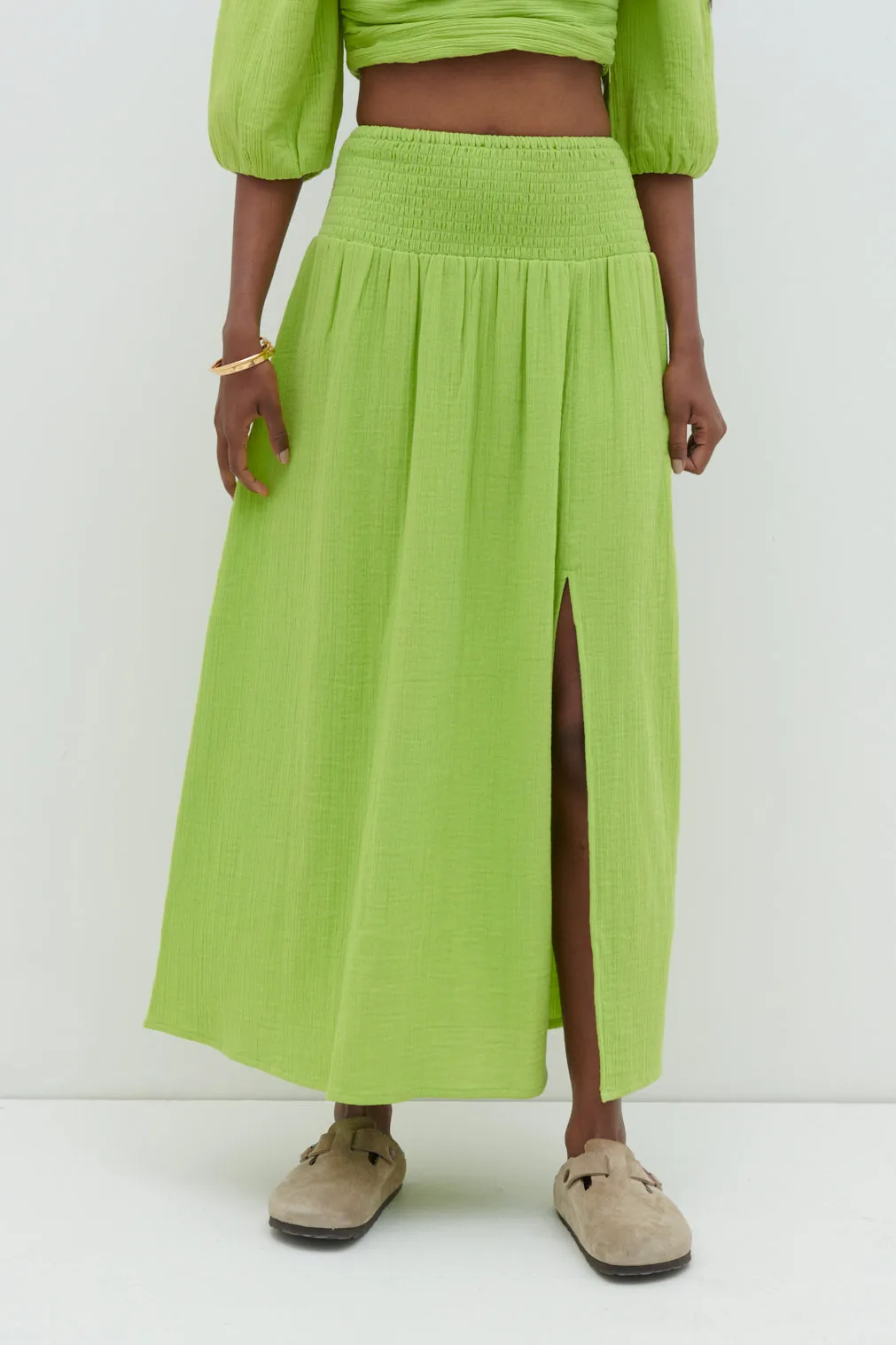 Ingrid Ruched Midaxi Skirt - Lime sold by Pretty Lavish