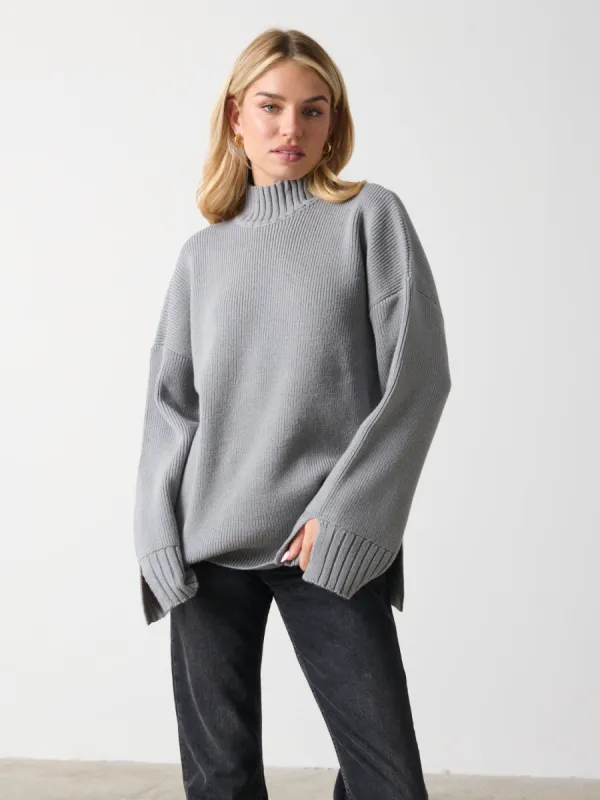 Amory Grown Neck Knit Jumper - Grey sold by Pretty Lavish