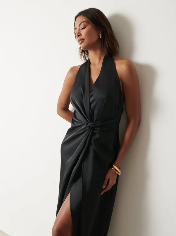 Montana Satin Knotted Midaxi Dress - Black sold by Pretty Lavish