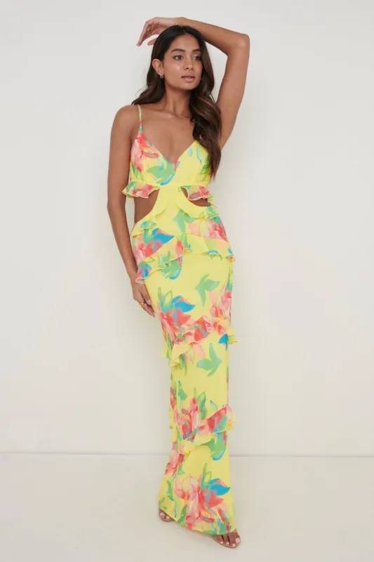 Rinna Cut Out Maxi Dress - Lemon Abstract Floral sold by Pretty Lavish