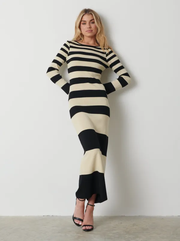 Mila Striped Knit Dress - Black and Beige Stripe sold by Pretty Lavish