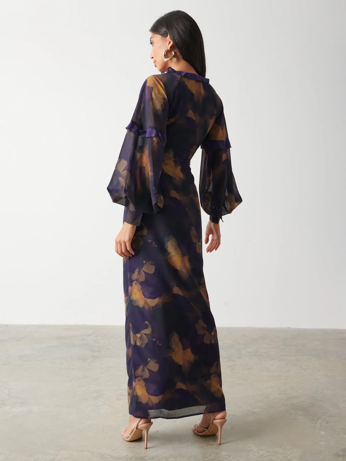 Francesca Frill Maxi Dress - Dark Amethyst & Saffron Floral sold by Pretty Lavish product image thumbnail 3