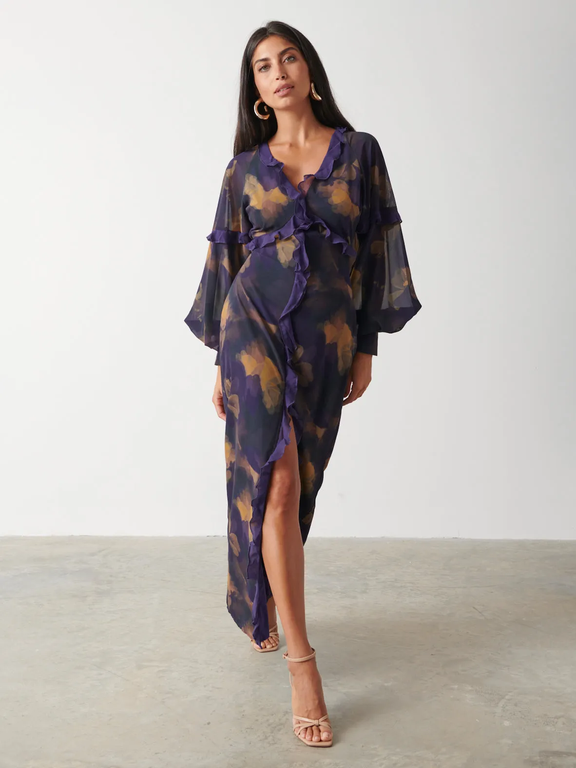 Francesca Frill Maxi Dress - Dark Amethyst & Saffron Floral sold by Pretty Lavish