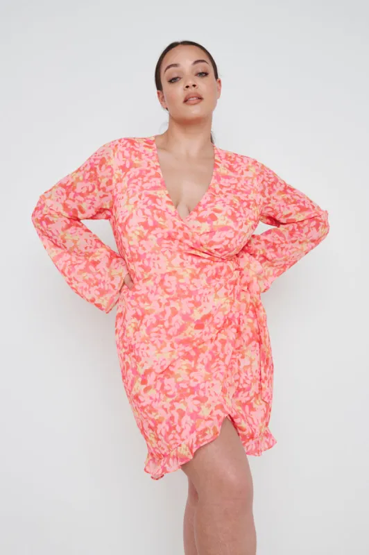 Jessica Wrap Mini Dress Curve - Orange and Pink Floral sold by Pretty Lavish