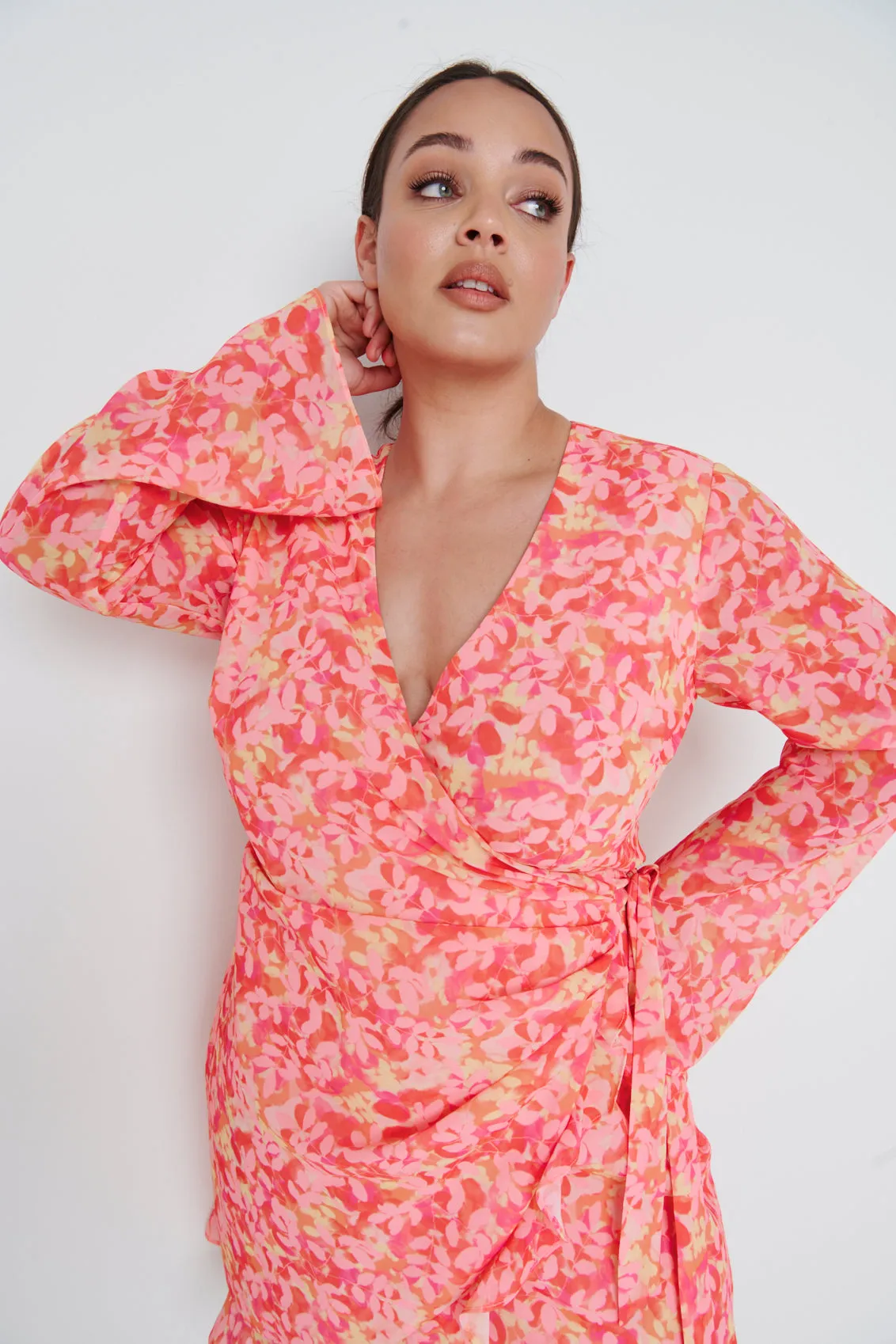 Jessica Wrap Mini Dress Curve - Orange and Pink Floral sold by Pretty Lavish product image thumbnail 2