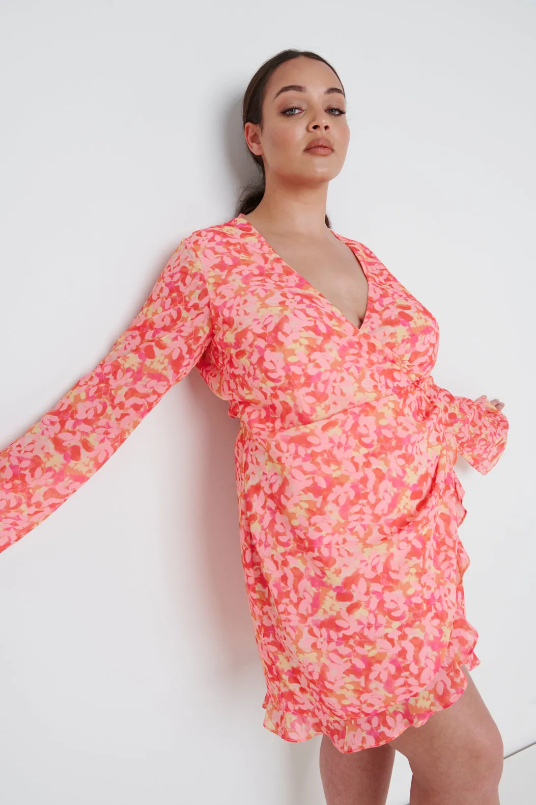 Jessica Wrap Mini Dress Curve - Orange and Pink Floral sold by Pretty Lavish product image thumbnail 5