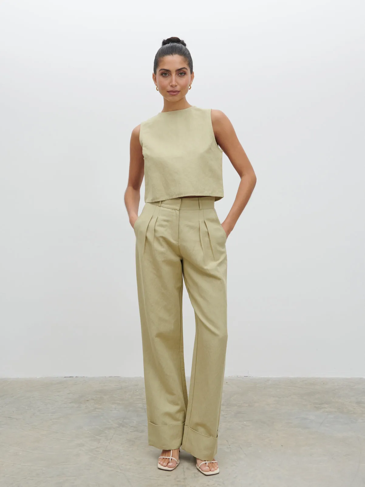Bryony Linen Trousers - Olive sold by Pretty Lavish