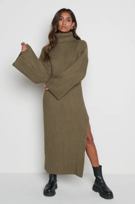 Hattie Ribbed Jumper Dress - Khaki sold by Pretty Lavish