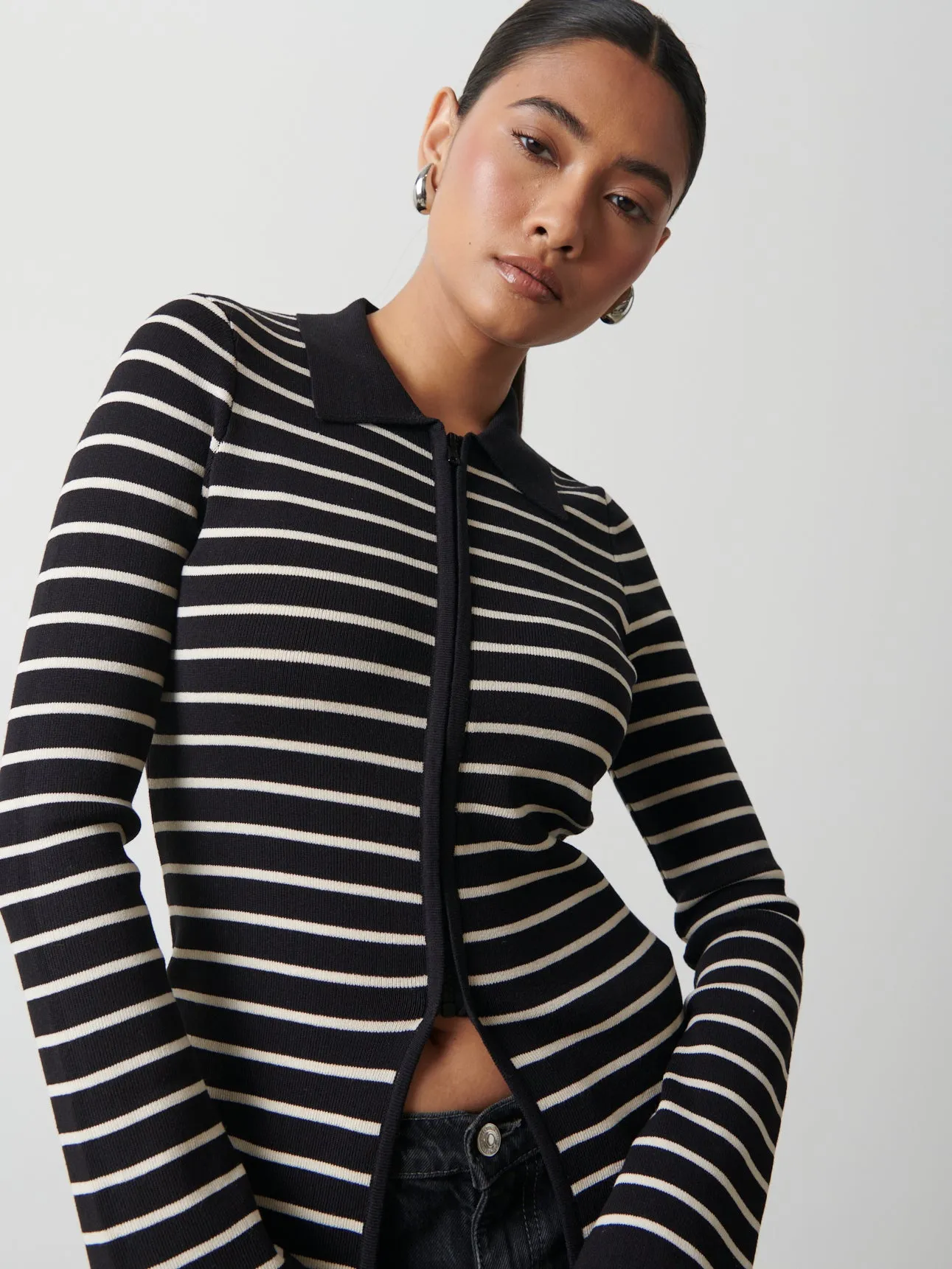 Avery Striped Zip Knit Top - Black and Cream sold by Pretty Lavish