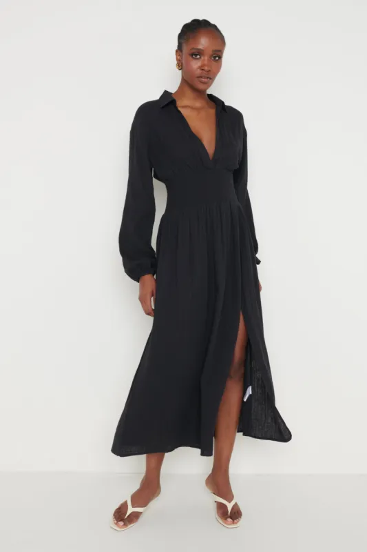 Loretta Shirred Midaxi Dress - Black sold by Pretty Lavish