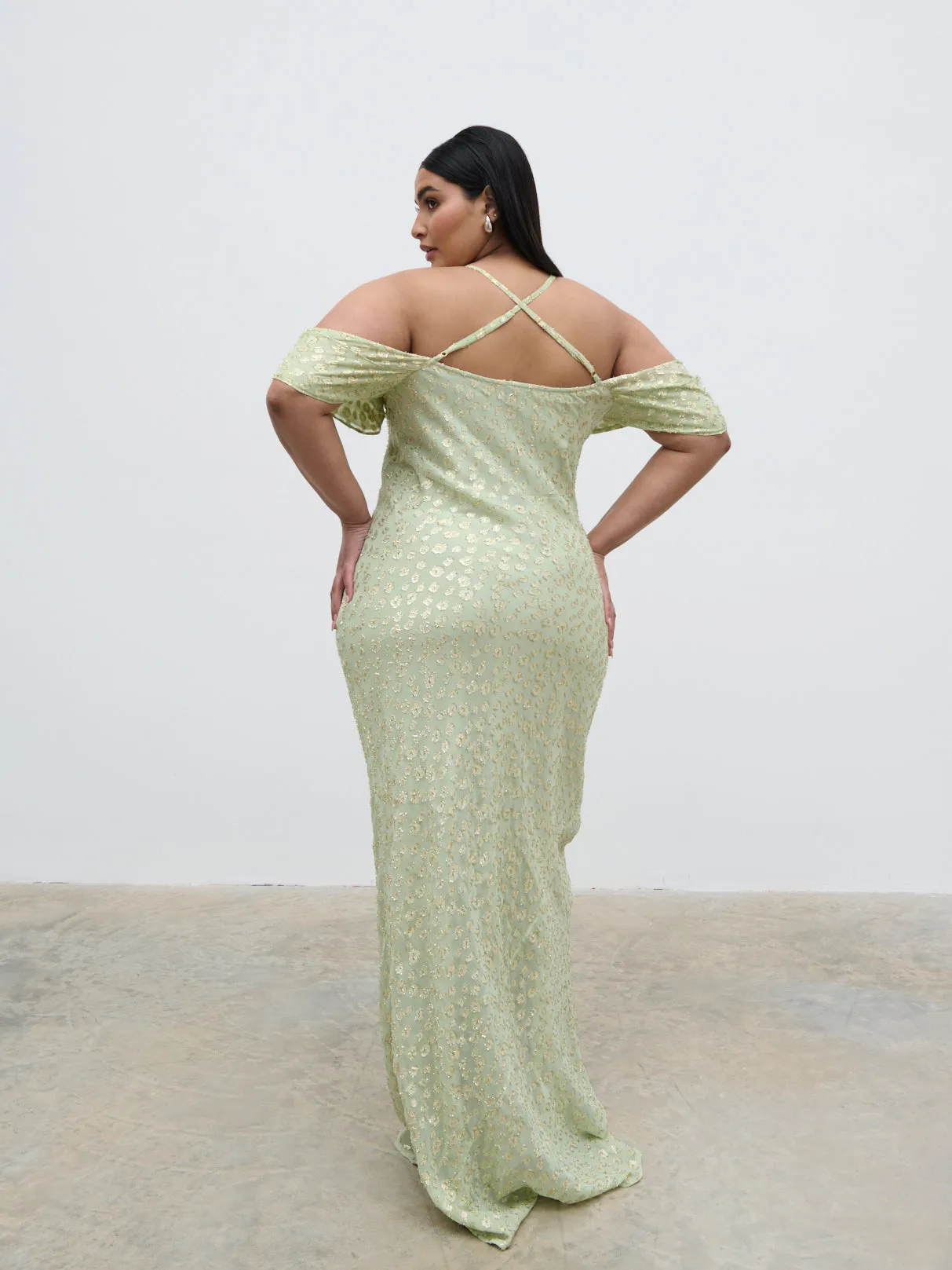 Nia Cold Shoulder Maxi Dress Curve - Pistachio Metallic sold by Pretty Lavish product image thumbnail 4