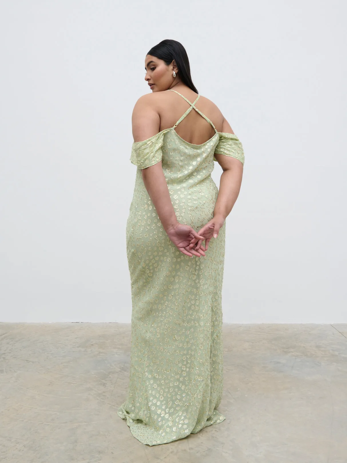 Nia Cold Shoulder Maxi Dress Curve - Pistachio Metallic sold by Pretty Lavish product image thumbnail 3