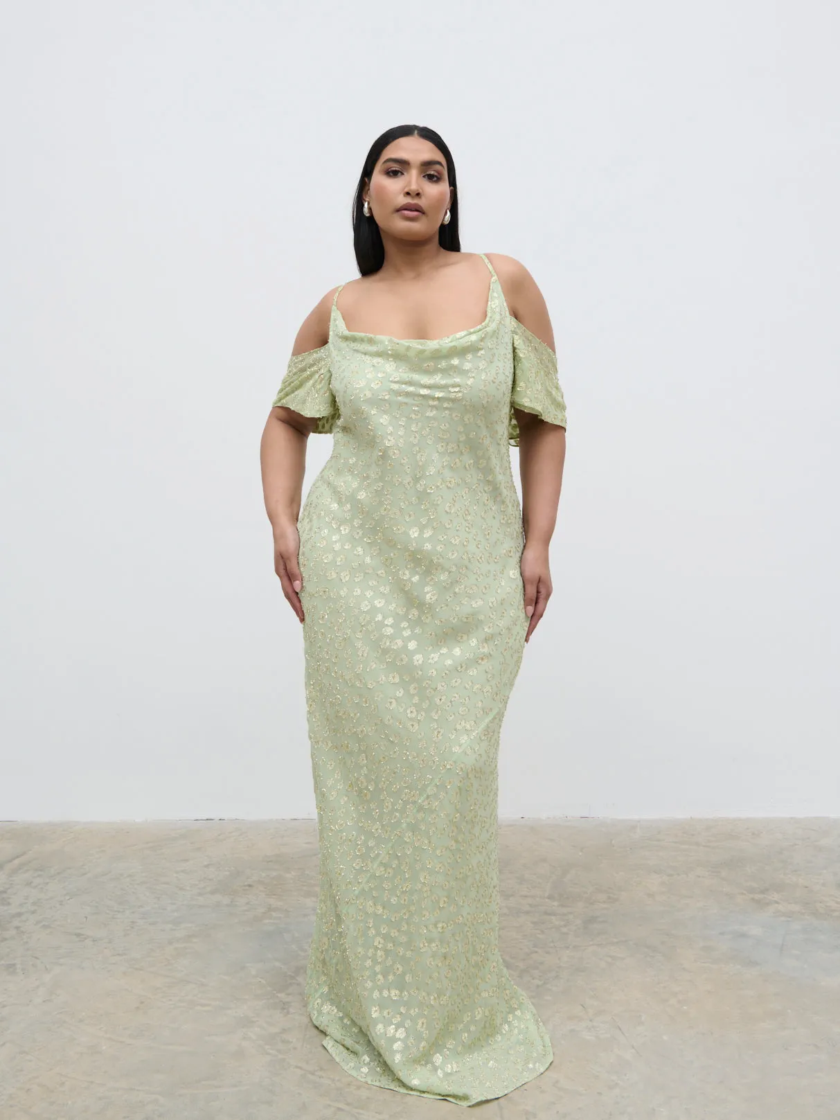 Nia Cold Shoulder Maxi Dress Curve - Pistachio Metallic sold by Pretty Lavish